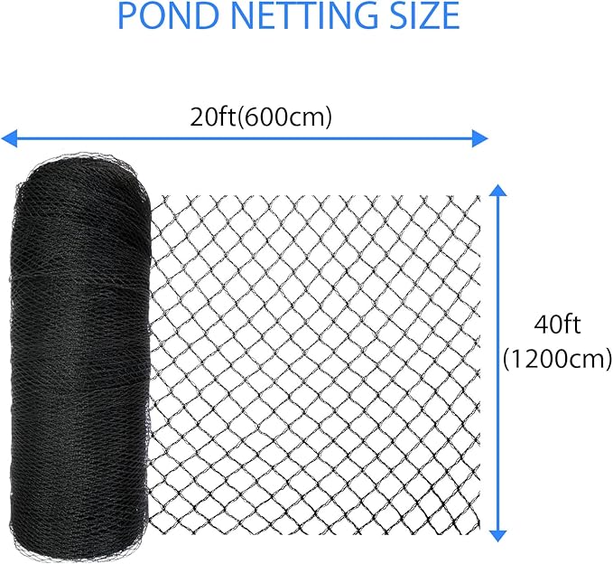 Koi Pond Netting Kit 20 x 40 ft, Black Heavy Duty Woven Net for Leaves, Reusable Pool Protective Cover Protecting Fish From Birds, Cats and Predators