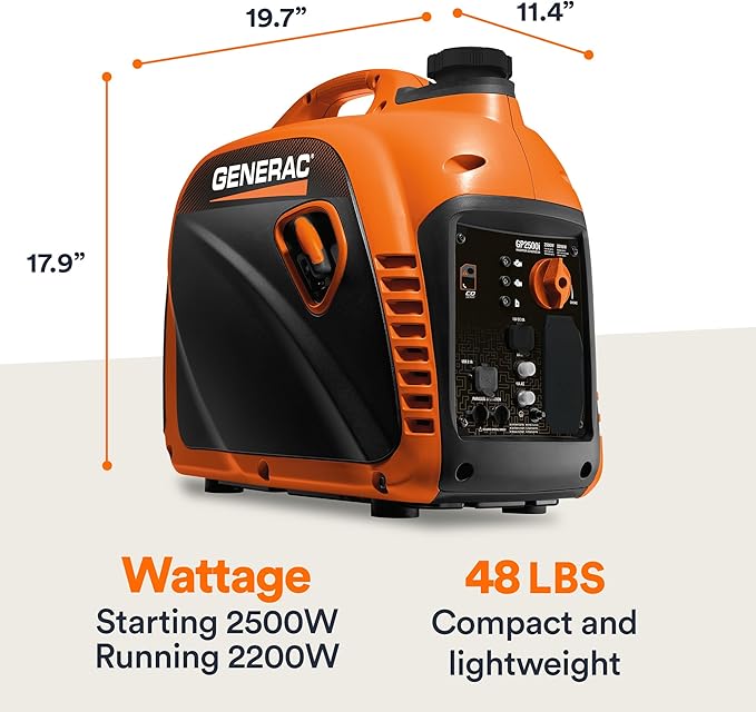 Generac 2,500-Watt Gas Powered Portable Inverter Generator - Lightweight and Compact Design - Produces Clean, Stable Power - Quiet Operation - Great for Home Backup, Camping, and RV Use