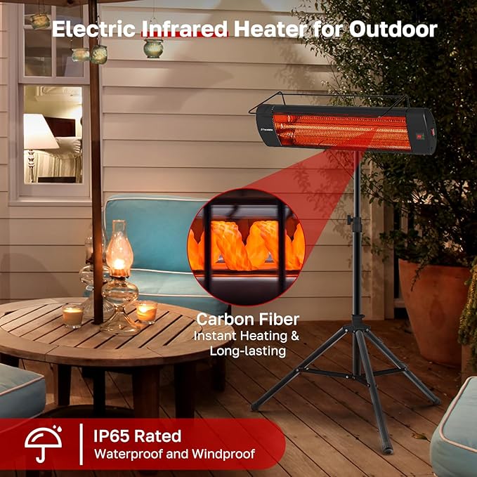 ThermoMate Infared Patio Heater for Outdoor with Tripod, Electric 1500W IP65 Waterproof with Remote, 3 Heating Levels & 24H Timer for Restaurant Backyard, Plug-in 120V Black