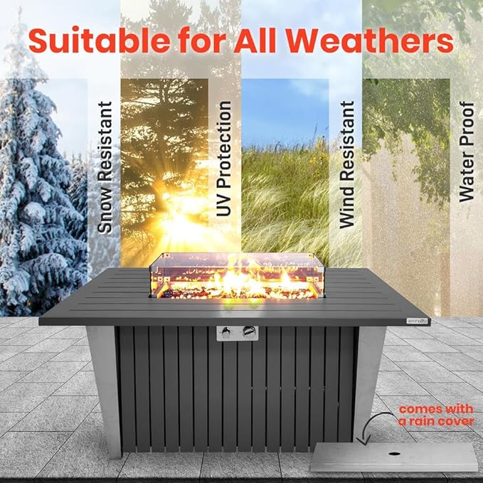 Outdoor Propane Fire Pit Table - CSA/ETL Certified 50,000 BTU Pulse Ignition Weatherproof Rectangle Propane Gas Fire Table w/Adjustable Flame - Glass Rocks Wind Guard, Black - SereneLife SLFPSX55