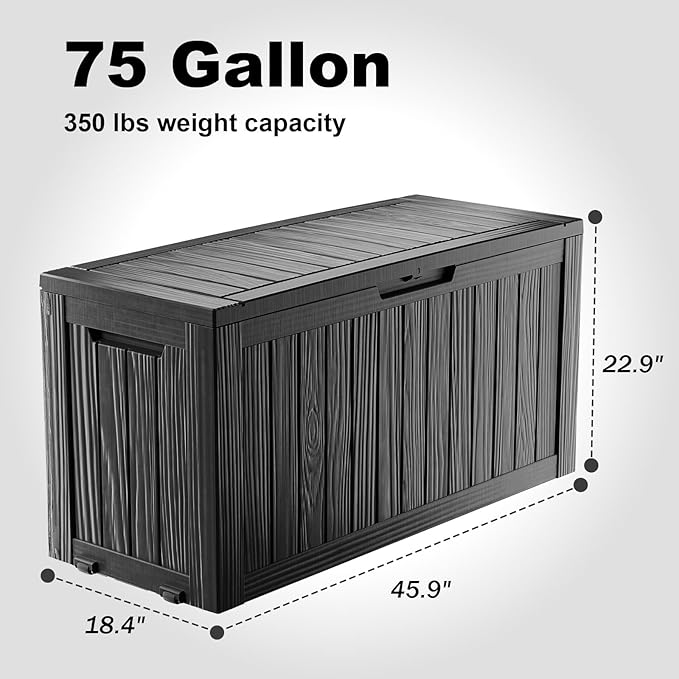 75 Gallon Resin Deck Box, Lockable Outdoor Storage Box for Patio Cushions Storage Furniture,Garden Tools, Pool Supplies, Weatherproof and UV Resistant(Black)