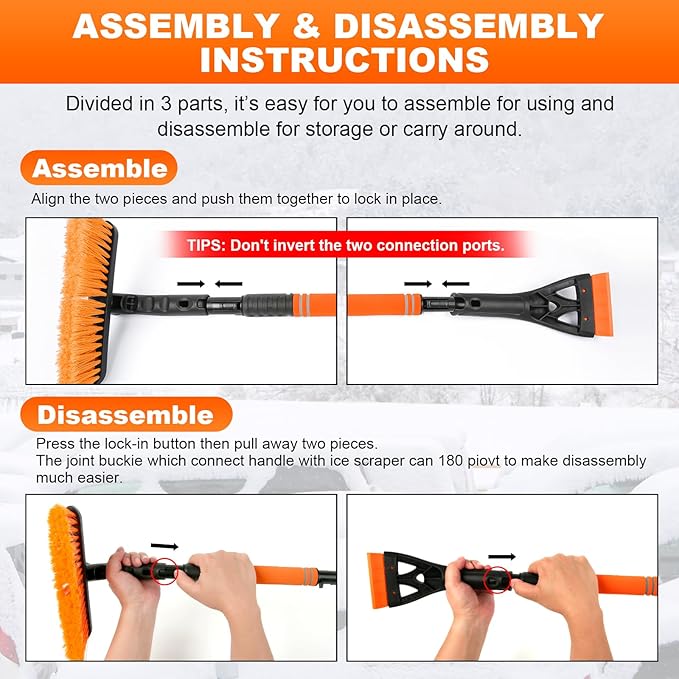 34" Extendable Ice Scrapers for Car Windshield 2-in-1 Snow Brush for Car Snow Scraper for Car Snow Scraper and Drush with Ergonomic Foam Grip for Cars, Trucks, SUV with 360° Pivoting Brush Head Orange