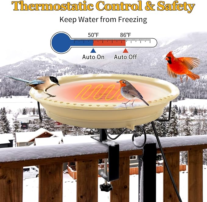 Lovppy Heated Bird Baths for Outdoors for Winter, 100W Heated Birdbath Water Heater with Thermostatically Controlled, Heated Bird Bath for Deck Railing Outside Garden Patio Yard (Khaki)