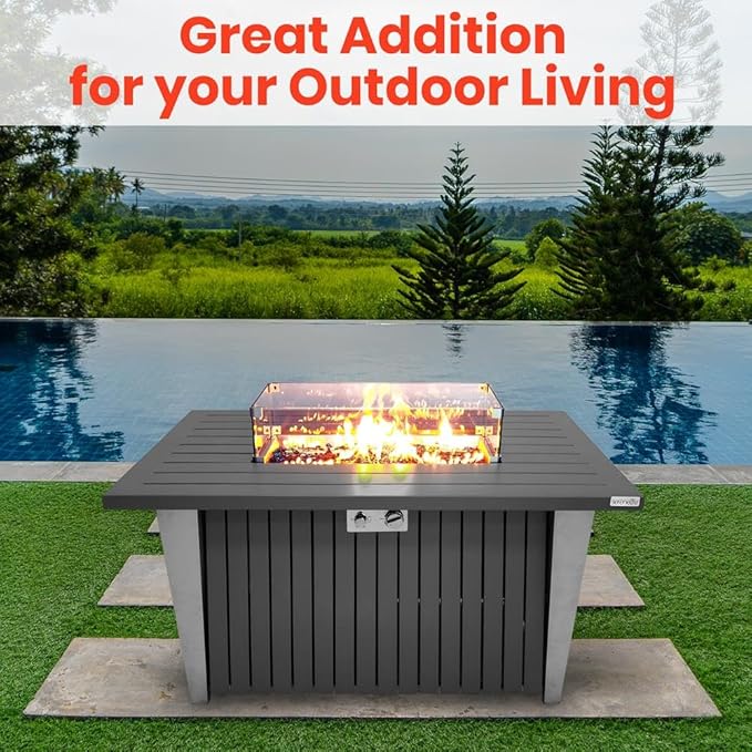 Outdoor Propane Fire Pit Table - CSA/ETL Certified 50,000 BTU Pulse Ignition Weatherproof Rectangle Propane Gas Fire Table w/Adjustable Flame - Glass Rocks Wind Guard, Black - SereneLife SLFPSX55