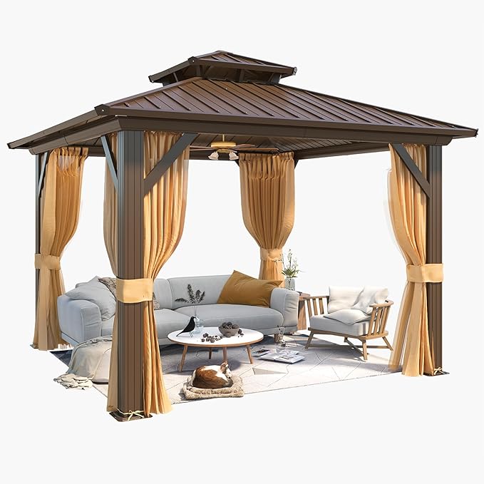 YOLENY 10' x 10' Hardtop Gazebo, Metal Gazebo with Aluminum Frame, Double Galvanized Steel Roof, Curtains and Netting Included, Pergolas for Patios, Garden, Parties, Lawns