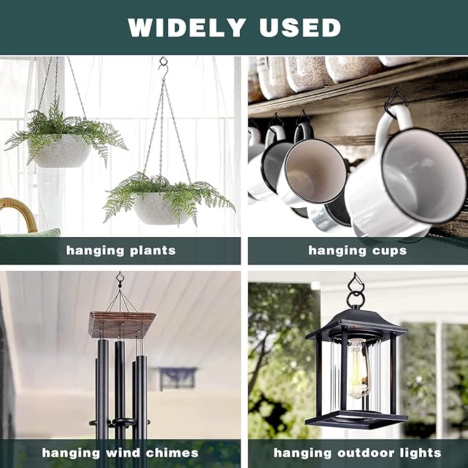 12 PCS Q-Hanger Hooks for String Lights, Ceiling Hangers for Plants & Wind Chimes, Christmas Decorations Outdoor Hooks (Square Hanger) Black