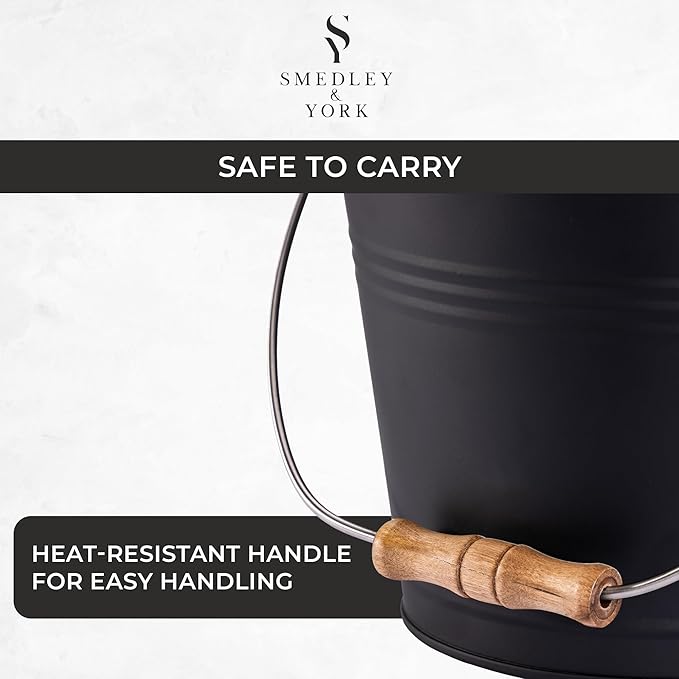 Smedley & York Mini Ash Bucket with Lid, Includes Fireplace Tools, Pail, Shovel and Broom, 1.5 Gallon Charcoal Metal Bucket with Lid, Coal Bucket and Ash Can, Galvanized Iron Ash Bucket for Fireplace