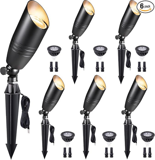 Low Voltage Spot Lights - Black Solid Brass Landscape Spotlight Wired, 12V Outdoor LED Bullet Uplights, Waterproof Electric for Patio Wall with 2700K Warm White MR16 Bulb (6 Pack)
