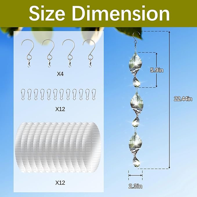 12 PCS Stainless Steel Bird deterrents for Outside,3D Wind Spinners Outdoor Bird Scarer Discs Set Pigeon Deterrent,Bird reflectors to Keep Birds Away Woodpecker Deterrent for House,Crow Deterrent