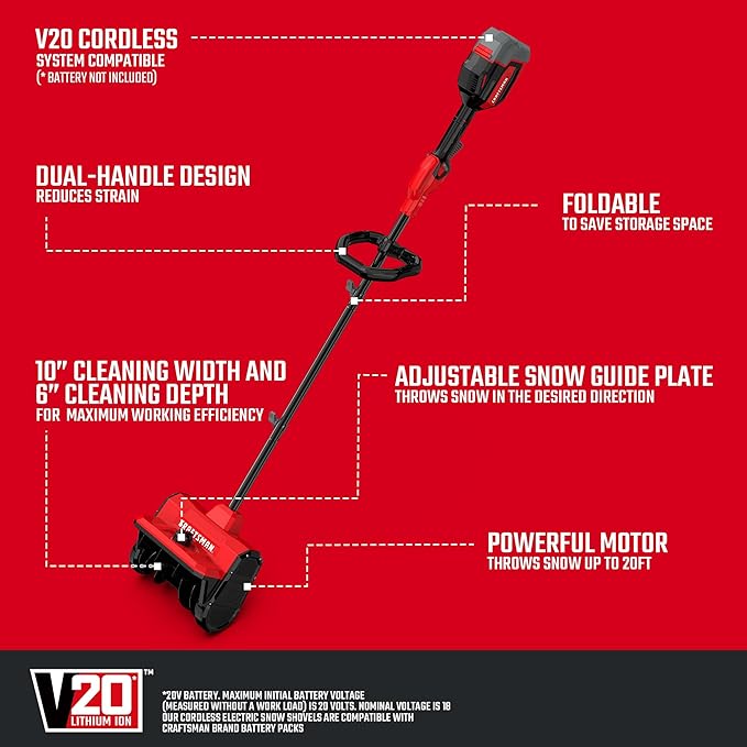 CRAFTSMAN Electric Snow Shovel, 20V 10-Inch Cordless Snow Shovel, Adjustable Direction & Handle, Battery Powered Snow Remove Tool for Patio Deck Driveway (Bare Tool)