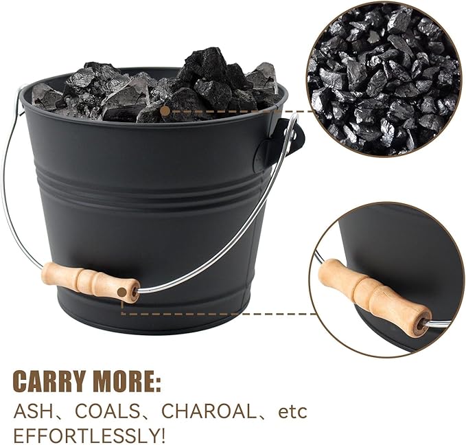 BRIAN & DANY Mini Ash Bucket with Lid and Shovel, 1.3 Gallon Fireplace Bucket with Broom, Ash Can for Fireplace, Ashes, Fire Pit, Wood Burning Stove