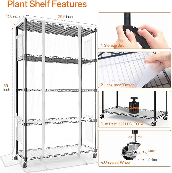 Indoor Greenhouse with Grow Light, Mini Green House with 4 Pack 24W Full Spectrum Plant Lights with Timer, Plant Shelf with Tent for Indoor Plant, Seed Starting, Seed Tray, 35.4"x13.8"x59"
