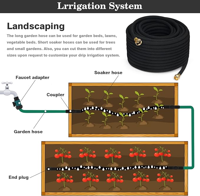 1/2" Soaker Hose for Garden Drip Hose Irrigation System with Solid Brass Fitting for Lawns Flower Beds & Vegetable Gardens (150FT)