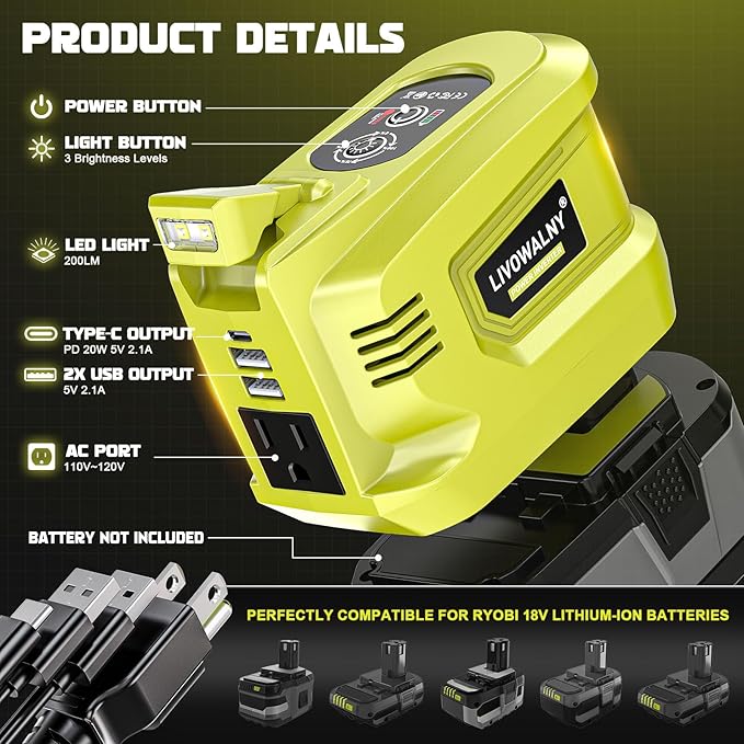 200W Power Inverter Compatible with Ryobi 18V, DC 18V to AC 110-120V Battery Inverter, Portable Power Station Generator, Charger Adapter Battery Powered Outlet with 2 USB Ports & 1 Type-C & 1 AC
