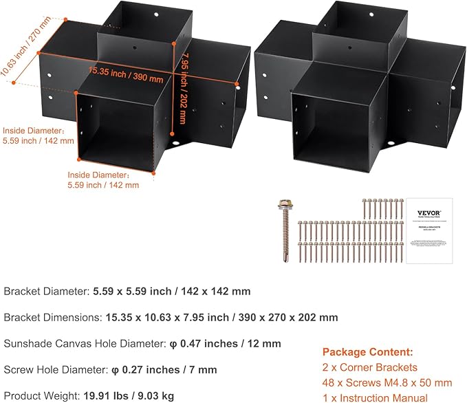 VEVOR Pergola Bracket Kit 6''x6''(Inner Size 5.6x5.6), 2pcs 4-Way Heavy Duty Corner Bracket Woodworks DIY Post Base Kit, Easy Installation Wooden Beams for Gazebos, Patio Pergolas, Log Cabin Outdoor