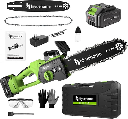 Mini Chainsaw 12inch, Chainsaw Cordless w Automatic Oiler, Handheld Electric Power Chain Saw w Security Lock, Brushless Motor,Chainsaws for Wood/Trees Trimming (Green - 1 battery, 12 INch)