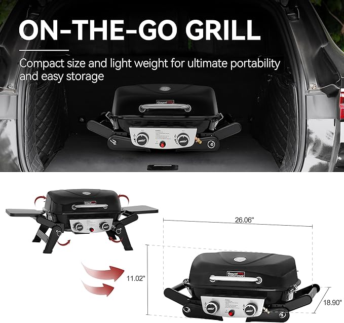 Royal Gourmet GT2005 2 Burner Portable Propane Gas Grill with Foldable Side Tables & Foldable Support Legs, Tabletop Gas Grill with Warming Rack for Outdoor Cooking & Grilling, Black