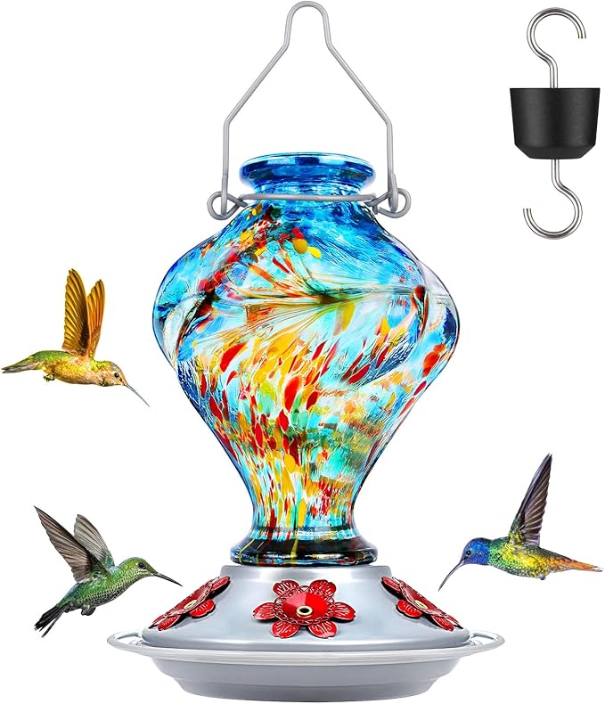 Hummingbird Feeder, BOLITE Glass Hummingbird Feeders for Outdoors Hanging, Hand Blown Twisted with Ant Moat and Five Feeding Ports, 24 Ounces, Leak Proof, Blue, Gifts for Women Men, Gifts for Mom Dad