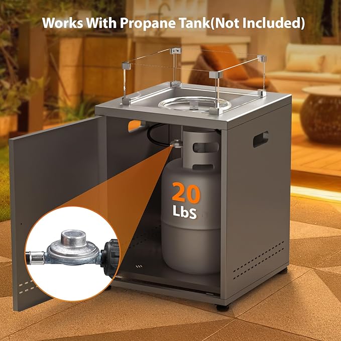 Fire Pit Table Propane Smokeless Fire Pit Outside Heater Patio with Lava Rocks,Glass Wind Guard and Cover,20" Square Fire Pit Table for Balcony Garden Outdoor Camping Deck Backyard,Grey