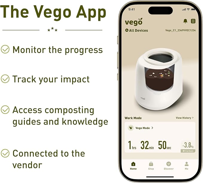 Vego Kitchen Composter, 4L Electric Composter Countertop 5 Modes Weight-Based Smart Compost Bin with App Odorless Auto-Cleaning Food Waste Compost Machine Indoor, Black