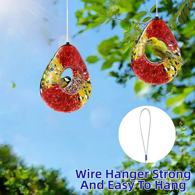 VOREEN Glass Bird Feeder, Fly Through Bird Feeders for Outdoor Hanging, Glass Wild Bird Feeder, for Garden, Yard, Backyard, Deck and Porch Decor, Gift for Mom Wife Friend, Red Teardrop