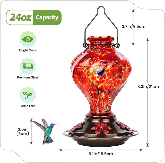 Hummingbird Feeder, BOLITE Glass Hummingbird Feeders for Outdoors Hanging, Hand Blown Twisted with Ant Moat and Five Feeding Ports, 24 Ounces, Leak Proof, Red, Gifts for Women Men, Gifts for Mom Dad