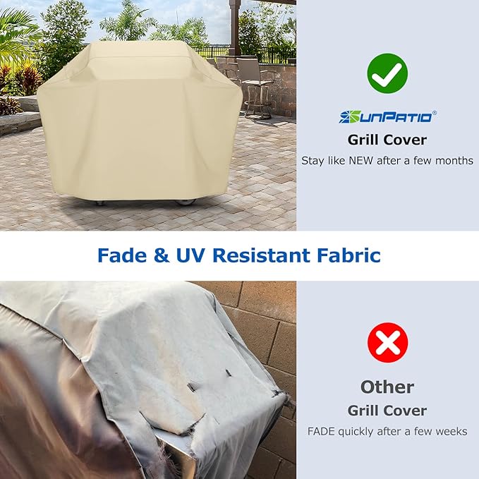 SunPatio BBQ Grill Cover 70 Inch, Outdoor Waterproof Large Barbecue Cover, All Weather Resistant Charcoal Gas Grill Protector, Compatible for Weber Char-Broil Nexgrill Napoleon and More, Beige