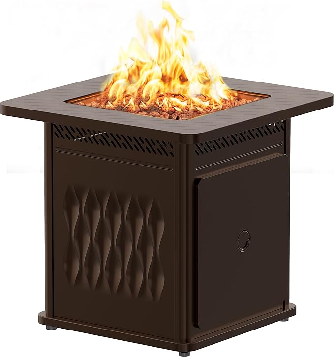 EAST OAK 28" Outdoor Propane Fire Pit Table | 50,000 BTU Gas Fire Pit Table for Outside with Magnetic Lid | Storage Basket & Lava Rocks | CSA Certified for Patio, Garden & Backyard | Brown