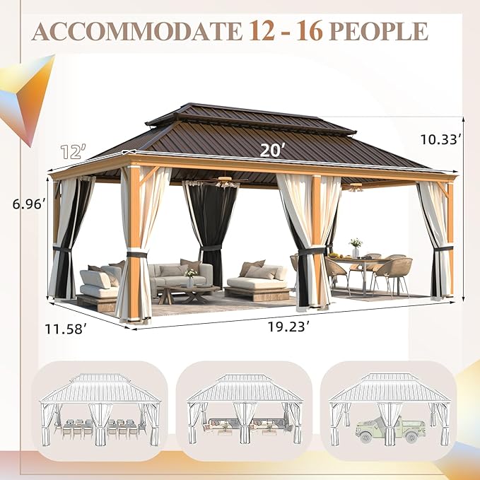 YOLENY 12'x20' Hardtop Gazebo, Wood Grain Aluminum Frame Pergola with Galvanized Steel Roof, Outdoor Metal Gazebos with Curtains and Nettings for Patio, Backyard, Deck and Lawns