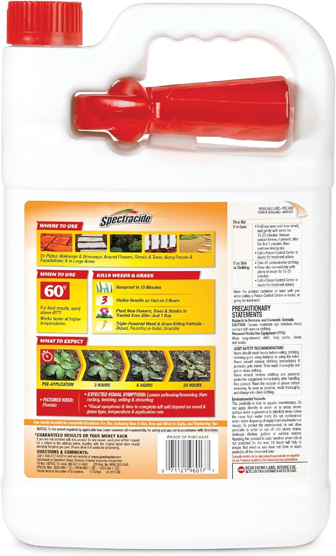 Spectracide Weed & Grass Killer, Use On Driveways, Walkways and Around Trees and Flower Beds, 1 Gallon (RTU Spray)