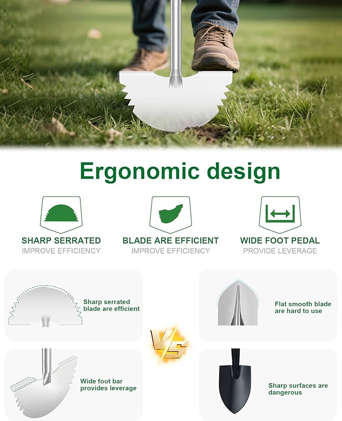 Serrated Edger Lawn Tool - Half Moon Shovel with Softer T-Handle, Lawn Edger for Yard, Garden, Landscaping, Sidewalk, Cable Burial - Ergonomic Design, Rust-Proof, 38 in
