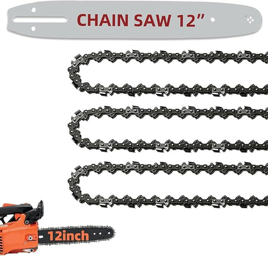 12 Inch Bar and Chain Combo, 12-Inch Replacement Chainsaw Bar and Chains Chains 3/8 LP Pitch .050" Gauge 45 Drive Links Compatible with Craftsman, Greenworks, Poulan, Echo (3Chains+1Bar)