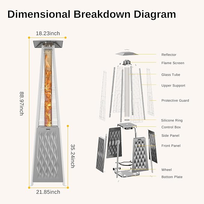 EAST OAK Pyramid Patio Heater, 48,000 BTU Outdoor Heater All Stainless Steel, Quartz Glass Tube Propane Heater for Commercial & Residential, Triple Protection System With Wheels, 2024