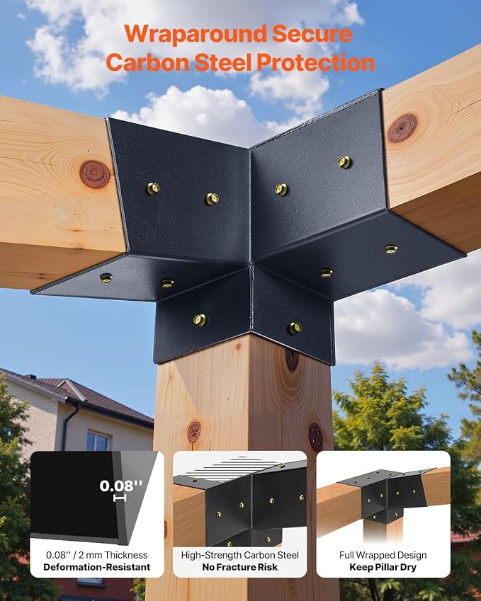 VEVOR Pergola Kit, 4x4 Inch 3-Way Slanted Bracket for 3.5x3.5 Inch Wood Beams in Actual Size, Carbon Steel Pergola Bracket with Screws and Post Bases, for Outdoor Wood Pergolas, Gazebos, Sheds, 8 Pcs