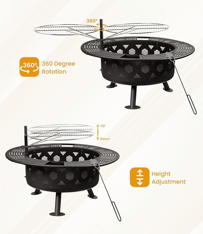 Bettermade 32 Inch Outdoor Fire Pit, 2-in-One Large Camping Fire Pits for Outside with Cooking Grill and Fire Poker, Wood Burning Firepit for BBQ,Warm up, Patio, Bonfire, Camping, Picnic.