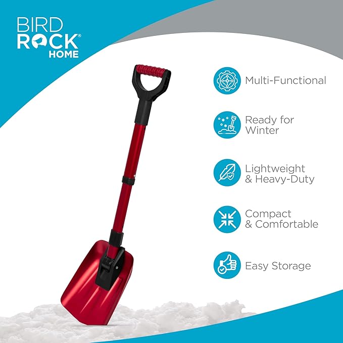 34” Folding Emergency Snow Shovel – Rugged Compact Tool for Car, Snowmobiles, or ATV – Compact Winter Survival Gear - Skiing Camping Mud Avalanche - Collapsible Multifunctional - Red