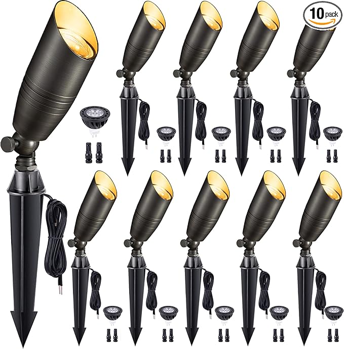 Low Voltage Spotlight LED - 12V Outdoor Light Fixture Weather Proof, Brass Landscape Lights Hardwired, Bronze Coastal for Flag Sign with Cool Light MR16 Removable Bulbs (10 Pack)