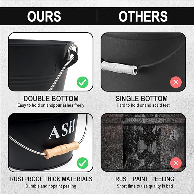 Ash Bucket with Lid Shovel and Hand Broom, 1.5 Gallon Fireplace Metal Bucket Reinforced Base & Ash Can, Fire Pit,Wood Burning Stove for Fireplace, Galvanized Iron Tool Set Accessories