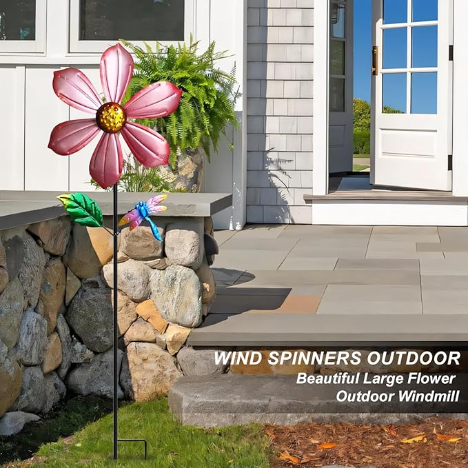Metal Outdoor Flower Wind Spinner with Pink Floral & Gold Dragonfly, Decorative Kinetic Wind Sculpture for Yard, Garden, Patio, Lawn - Vibran Garden Art & Lawn Ornament for Outdoor Decor