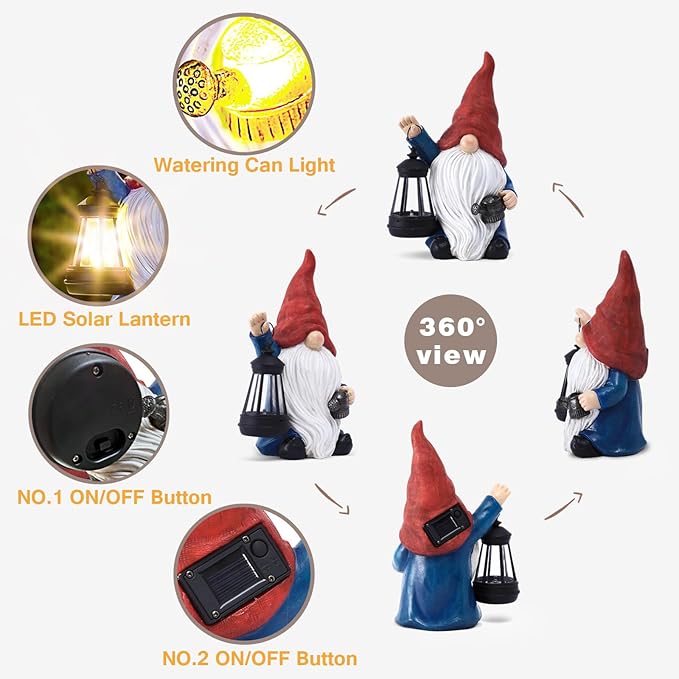 Solar Garden Gnome Gnome Outdoor Statues Garden Decor Resin Birthday Gifts for Women Mom Art for Yard Porch Patio Lawn Yard with Watering Can Lights Lantern