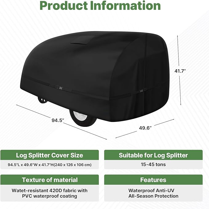 Cartist Log Splitter Cover Waterproof (94.5"L X 49.6"W X 41.7"H) Suitable for 15-45 ton log splitter cover All Weather Protection Resistant to rain,snow,wind,UV wood splitter cover- black