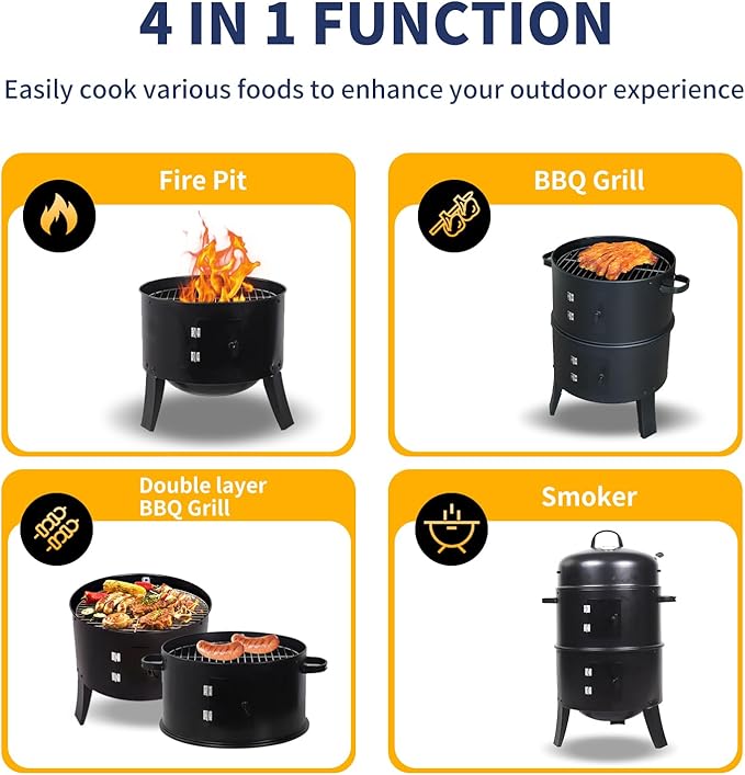 16 inch Vertical Charcoal Smoker, BBQ Grill, Fire Pit, 3-in-1 with Built-in Thermometer, Adjustable Air Vent, Idea for Parties, Backyard, Patio, Camping
