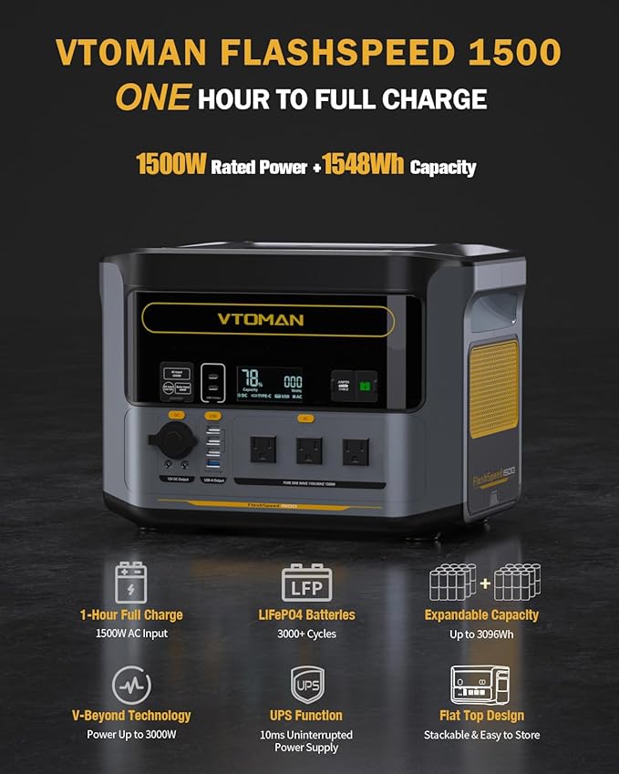 VTOMAN FlashSpeed 1500 Portable Power Station with 200W Pro Solar Panel - 1548Wh/1500W(3000W Peak) Solar Generator with LiFePO4 Battery, 100W USB-C, 60 Min Fast Charging 0-80% for Camping, Backup