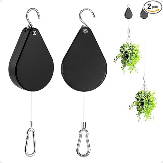 Retractable Plant Hanger System - Adjustable Plant Pulleys for Effortless Plant Raising/Lowering, Heavy Duty Indoor/Outdoor Use with Flower Pots, Hanging Baskets & Bird Feeders (Black, 2PCS)