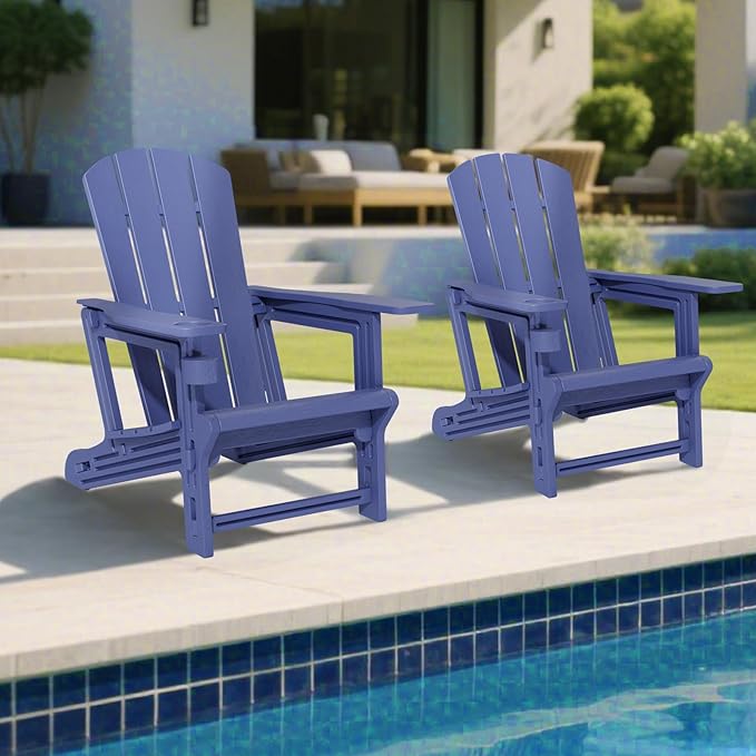 Adirondack Chair Set of 2, Plastic Adirondack Chairs, Outdoor Weather Resistant Lawn Furniture, Fire Pit Chair with Cup Holder for Garden Patio Without Screws Install, 400 LBS Capacity, Navy Blue