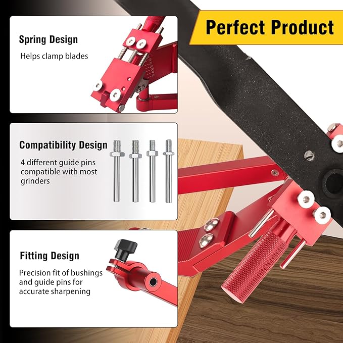 TIWAN Lawn Mower Blade Sharpener - Updated Ball Bearing Manufacturing Handle, Suitable for Right and Left Hand Blades, Mower Blade Sharpener Tool Kit with Lawn Mower Blade Balancer, 5005, Red
