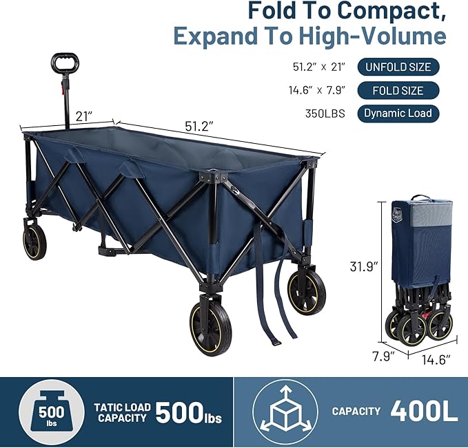 TIMBER RIDGE 51.2'' Extended Collapsible Wagon Cart with Brakes and Cargo Net, 500LBS Heavy Duty Foldable Utility Wagon with Adjustable Handle, 400L Capacity Portable Cart for Camping Sports Shopping