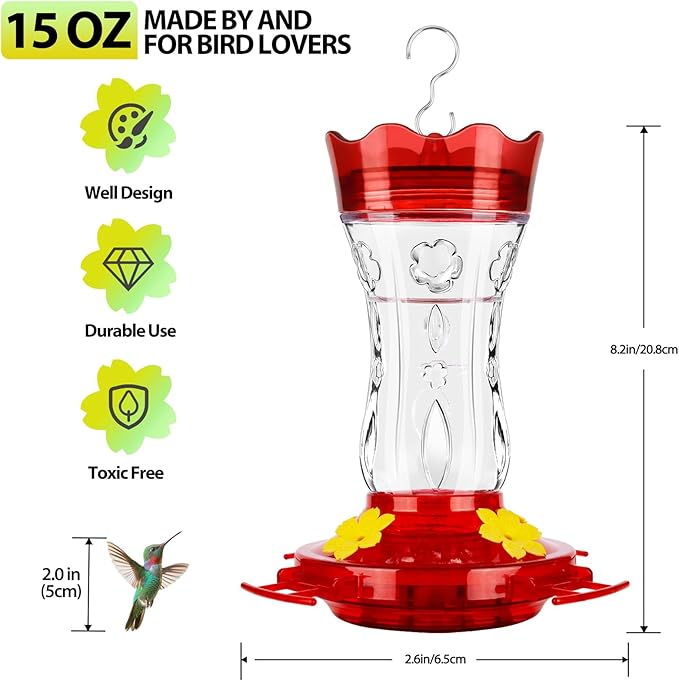 2 Pack Hummingbird Feeders for Outdoors, Built-in Ant Moat & Leakproof, XAROO Glass Hummingbird Feeder with 4 Bee Guard Feeding Ports, 15OZ, Red, Outdoor Garden Décor