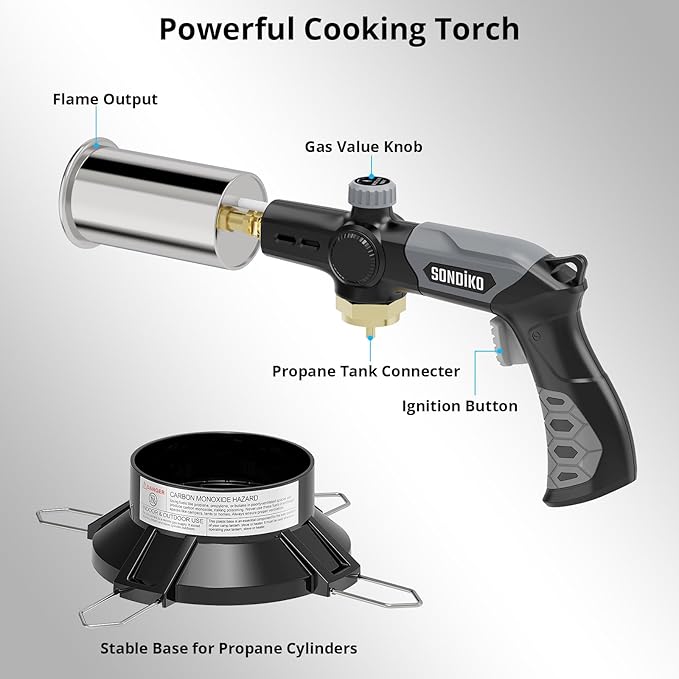 Sondiko Powerful Grill & Cooking Propane Torch L8010 with Gas Cylinder Stand Base, Sous Vide, Campfire Starter, Adjustable Wood Torch Burner for Searing Steak, BBQ, Welding (Propane Tank Not Included)