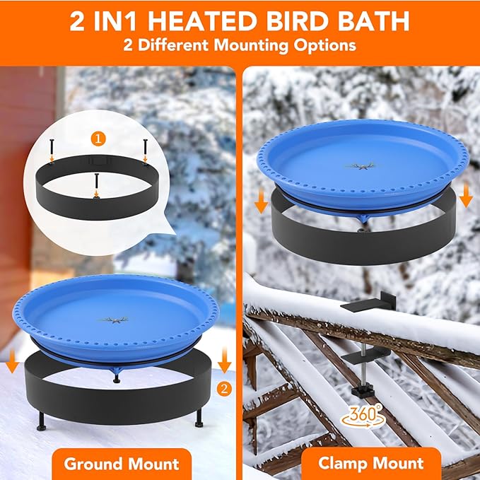 2 in 1 Heated Bird Bath for Outdoors for Winter,75W Bird Bath Heater with Thermostatically Controlled,Heated Bird Bath for Deck Railing for All Seasons Outdoor Garden Yard Patio Lawn(Blue)